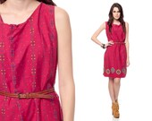 Boho Mini Dress 60s XL Burgundy Floral Print Shift Mod Cotton 1960s Maroon Tunic Vintage Sleeveless Hipster Plus Size Hippie Extra Large