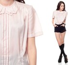 Pink Blouse 80s PERFORATED Collared Top Pastel 1980s Fitted Secretary Short Sleeve Vintage Indie Hipster Retro Button Back Shirt Medium
