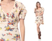 60s Babydoll Dress BIRD Smocked Puff Sleeve Floral Print 1960s Mini Dolly 70s Empire Waist Mod Vintage Scoop Neck Beige Lolita Small Medium