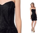 Strapless Sweetheart Dress 80s SNAKESKIN Black Asymmetrical Ruffle Peplum 1980s Mini Party Vintage Pencil Cocktail Leather Extra Small XS