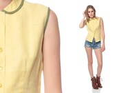 PETER PAN Collar Blouse 60s Mod Button Up Top Vintage Pastel Yellow LINEN 1960s Indie Hipster Collared Cute Sixties Shirt Medium Large