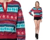 Southwest Sweater 70s Sweatshirt Fuzzy Fleece Southwestern Striped Hippie Boho 80s Vintage Top Burgundy Red Blue Extra Small Medium Large