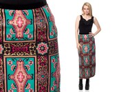Maxi Skirt 70s Psychedelic GOLD Hippie 1970s Black Turquoise Damask Print Vintage Bohemian Hipster Long Tribal High Waist Small