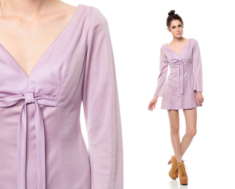 Bell Sleeve Dress 60s Babydoll Mod Mini Lavender BOW Empire Waist 70s Deep V Neck 1960s Gogo Long Sleeve Twiggy Purple Extra Small XS