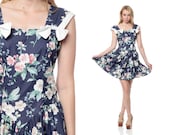 Floral Mini Dress 80s BOW Navy Blue Full Skirt LOLITA Low Back 1980s Summer Sun Vintage Hipster Drop Waist Sundress Medium