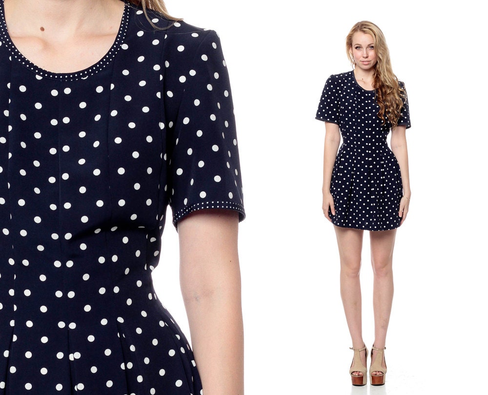 Polka Dot Dress 80s Mini Navy Blue BELTED 1980s Sheath Short Sleeve Pleated Hipster Vintage Retro White Minidress Large