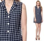 60s CHECKERED Dress Mod Mini Button Up SHIRTDRESS 1960s Shift Cotton Navy Blue White Vintage Plaid Sleeveless Collared Shirt Dress Large