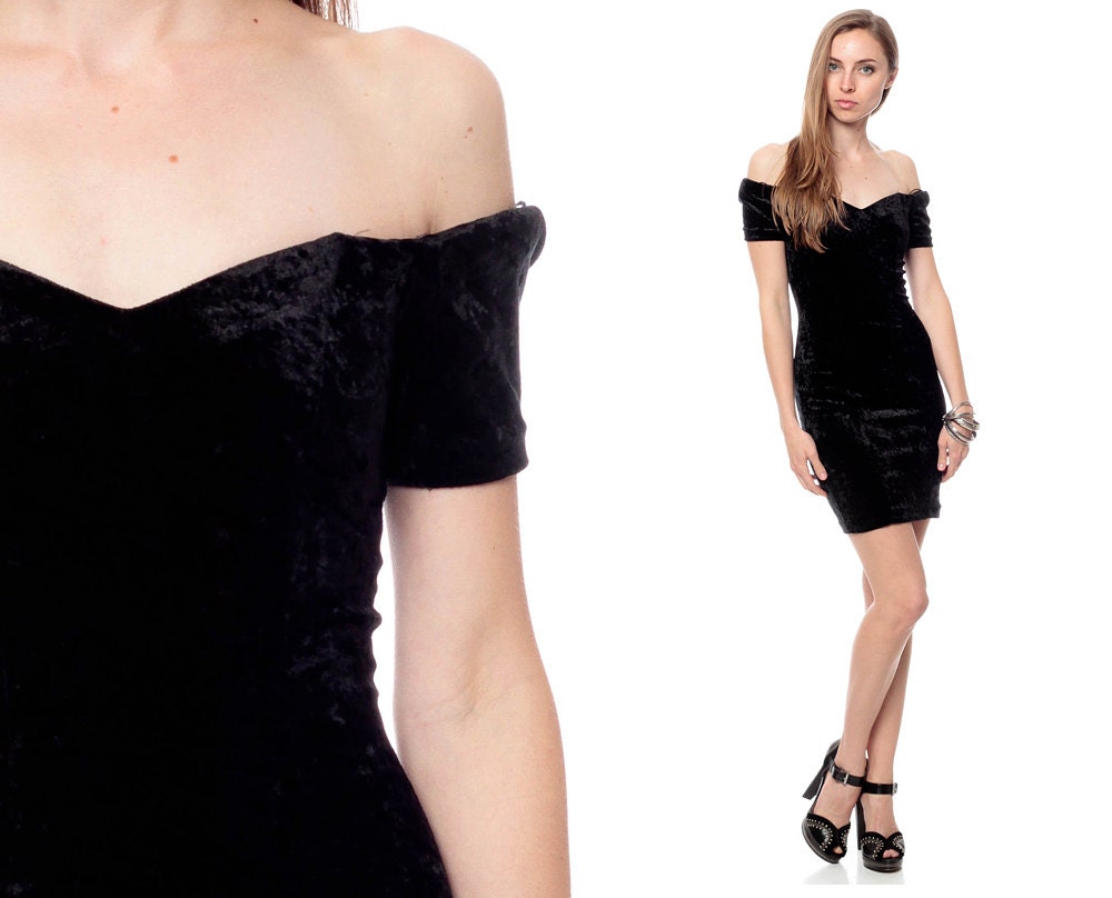 Black Velvet Dress 80s Bodycon OFF SHOULDER Party Mini 90s Body Con Cocktail Vintage Sweetheart Neckline Hipster 1980s Velour Extra Small XS