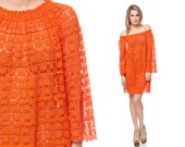 Boho Hippie Dress 70s Mini CROCHET Cut Out Bell Sleeve 1970s Tunic Orange Sheer Festival Bohemian Chic Cotton Tent Dress Extra Small Medium