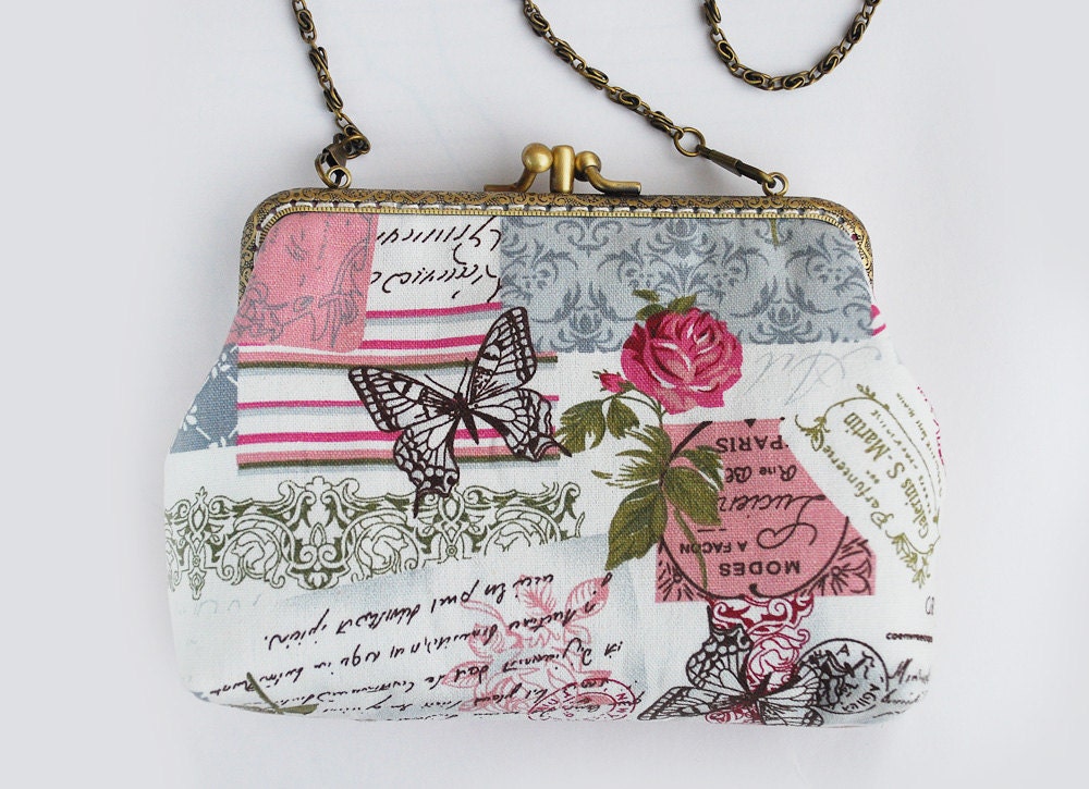 English Rose and Butterfly Double Pocket Cosmetic Bag (Cosmetic Case, Makeup Pouch, Travel Bag, Cotton Fabric, Metal Frame)