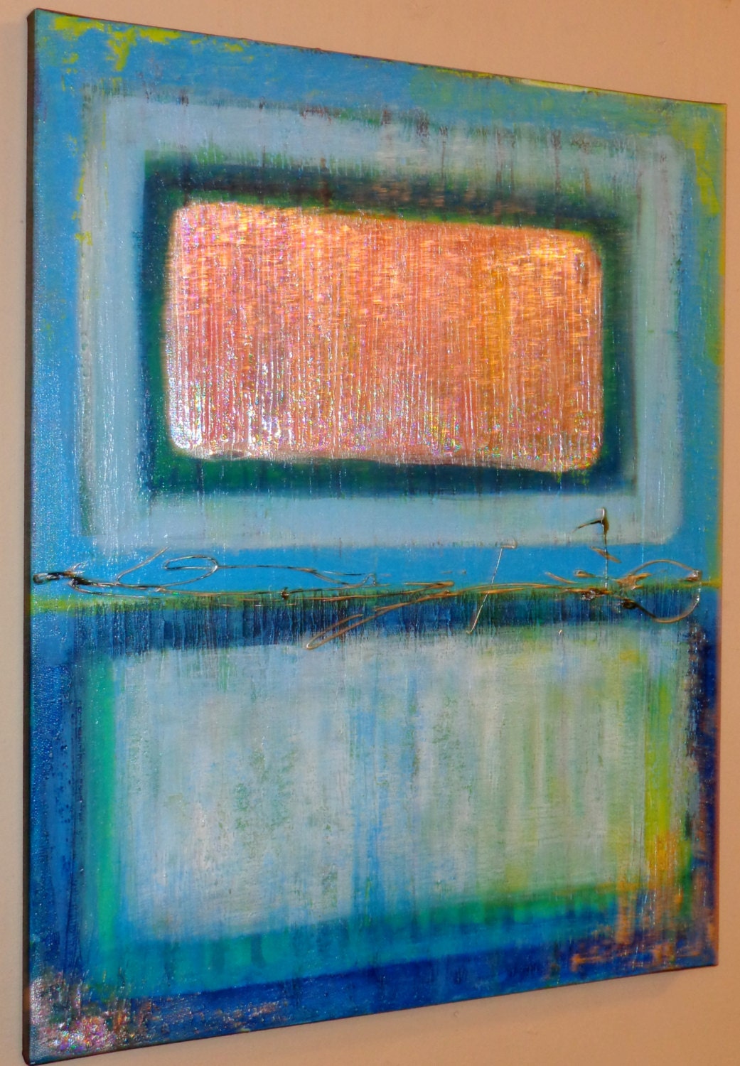 Abstract Original Painting 20x16 Textured Foiled Acrylic Blue Green Yellow Heather Montgomery Art