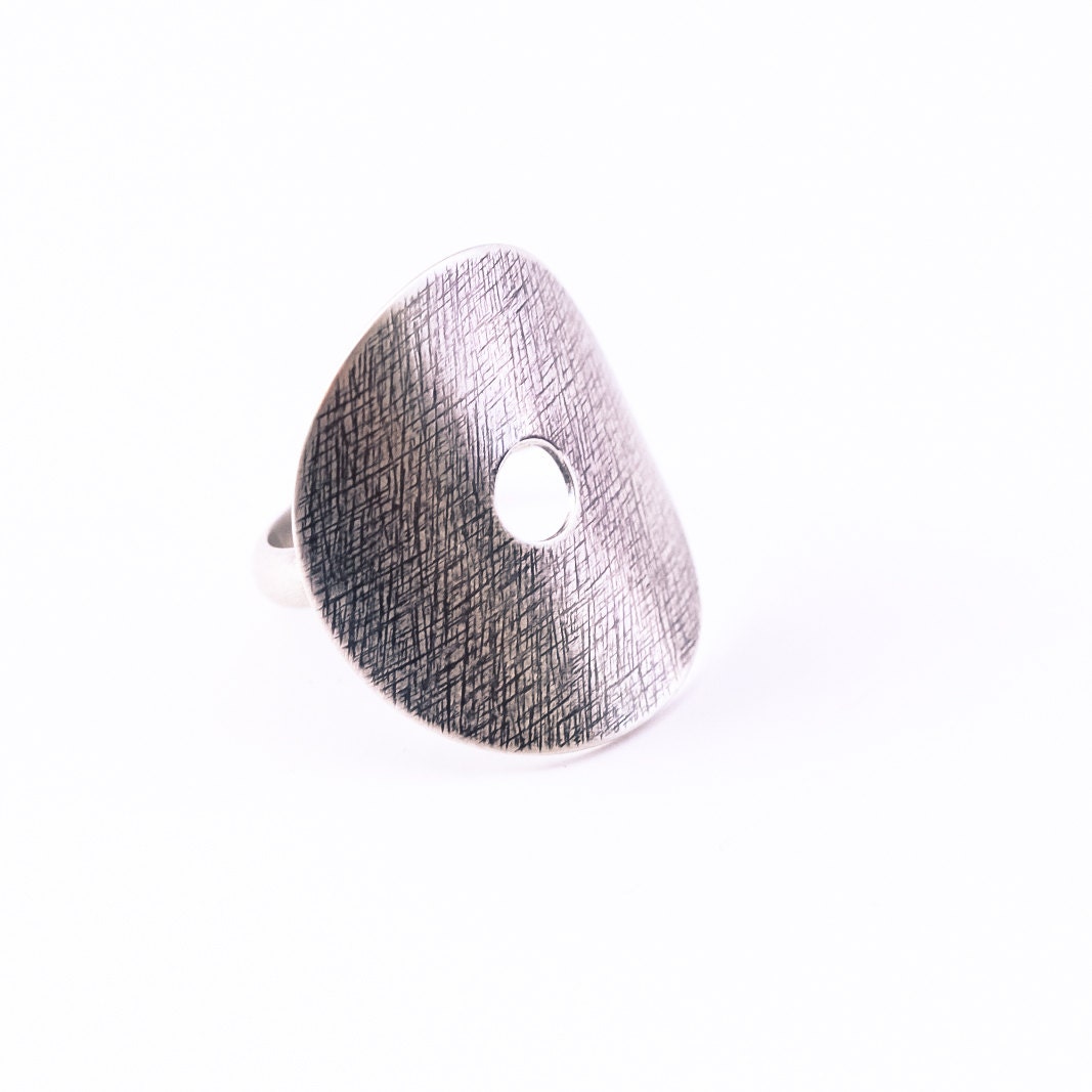 Modern silver ring handmade with a round textured silver circle formed around a comfy half round band - made to order size -  "Ona Ring"