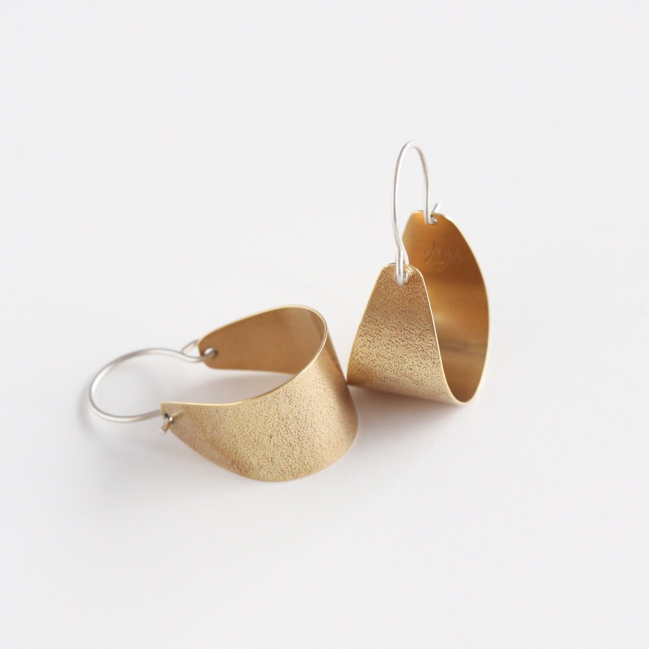 Small brass earrings lightweight and comfortable to wear, modern design with a textured surface - "Small Brass Scoop Earrings"