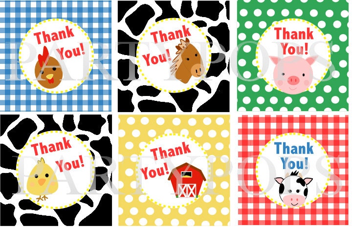 Digital  Farm Party, Thank You, Favor Tag,  2" circles,   Farm Birthday Party Decoration,  Barnyard Party Printable, INSTANT DOWNLOAD