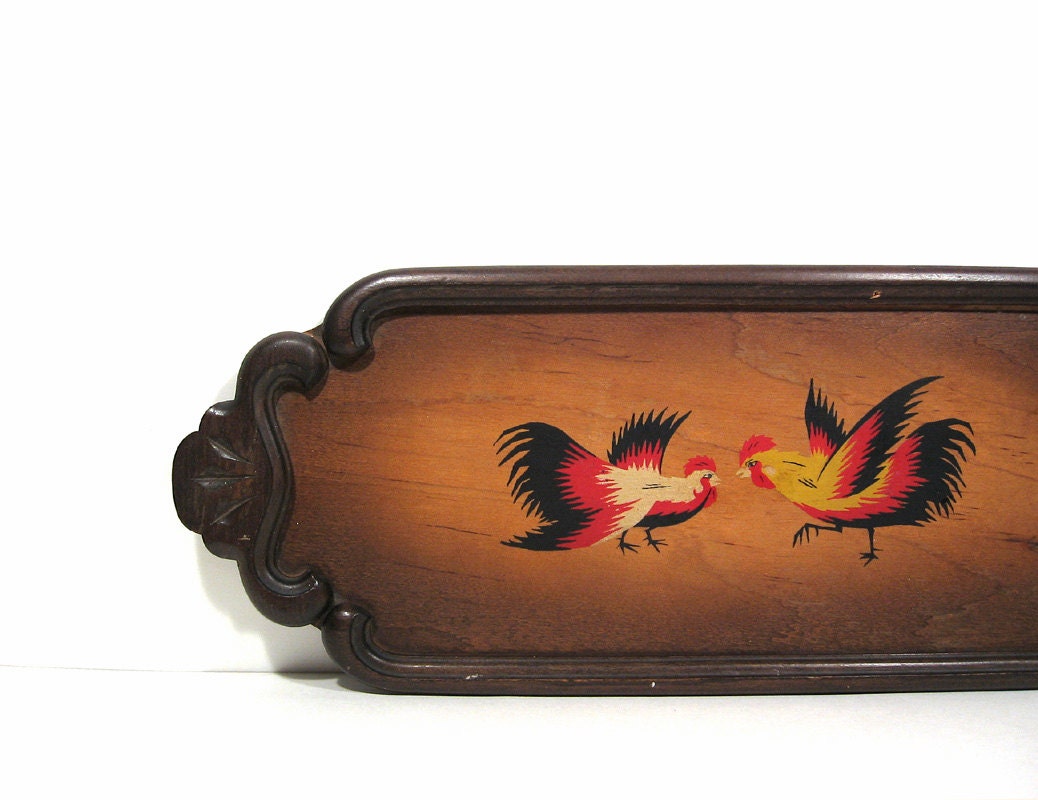 Vintage Wood Tray Chickens Roosters Mid Century Serving
