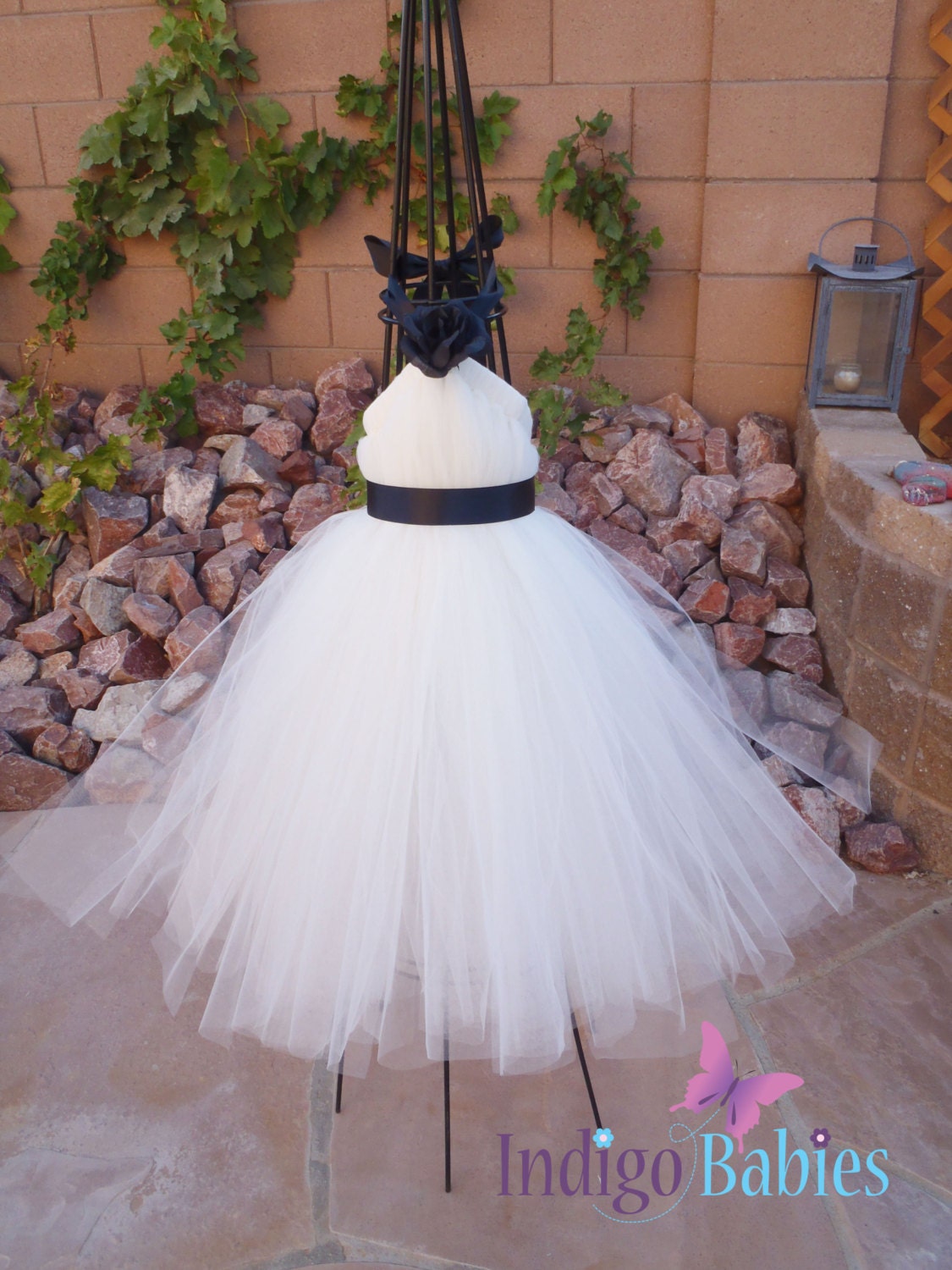 Tutu Dress, Flower Girl Dress, Cream Tulle, Black Ribbon, Black Rose, Fabric Flower, Portrait Dress, Wedding, Ivory  Flowergirl Dress