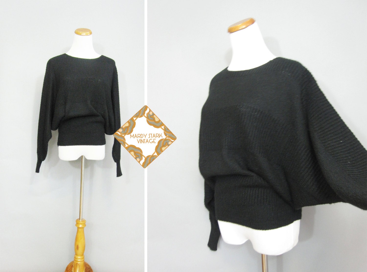 Vintage black batwing sweater / 1980s slouchy sweater / black 80s jumper /  light spring sweater