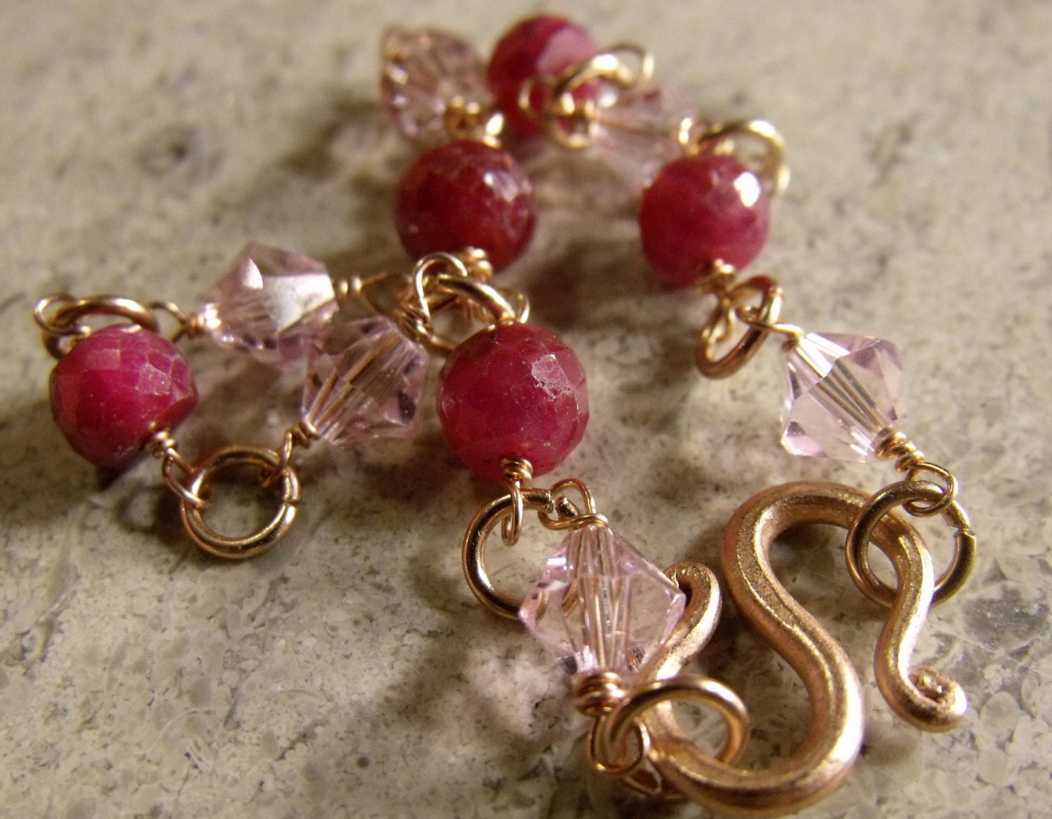 Faceted Ruby and Swarovski Crystal Pink Goldfilled Bracelet
