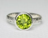 Peridot Gemstone Ring in Sterling Silver, custom sized stacking ring with art deco textured band