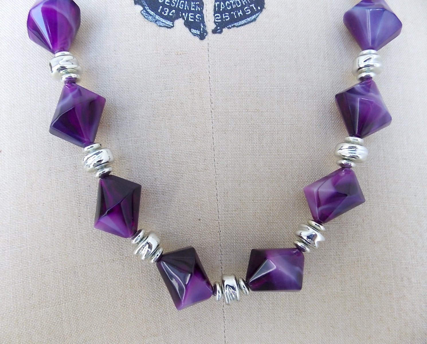 Purple Lucite Necklace gorgeous cone beads with silver accents, 25 inches