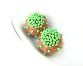 Set of 2 felted brown round wool beads decorated with seed beads
