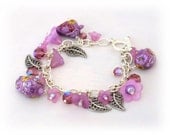 Floral Charm Bracelet - Polymer Clay Bracelet - Lilac Flowers Millefiori Birds Leaves - Mothers Day Gift - Bespoke Design