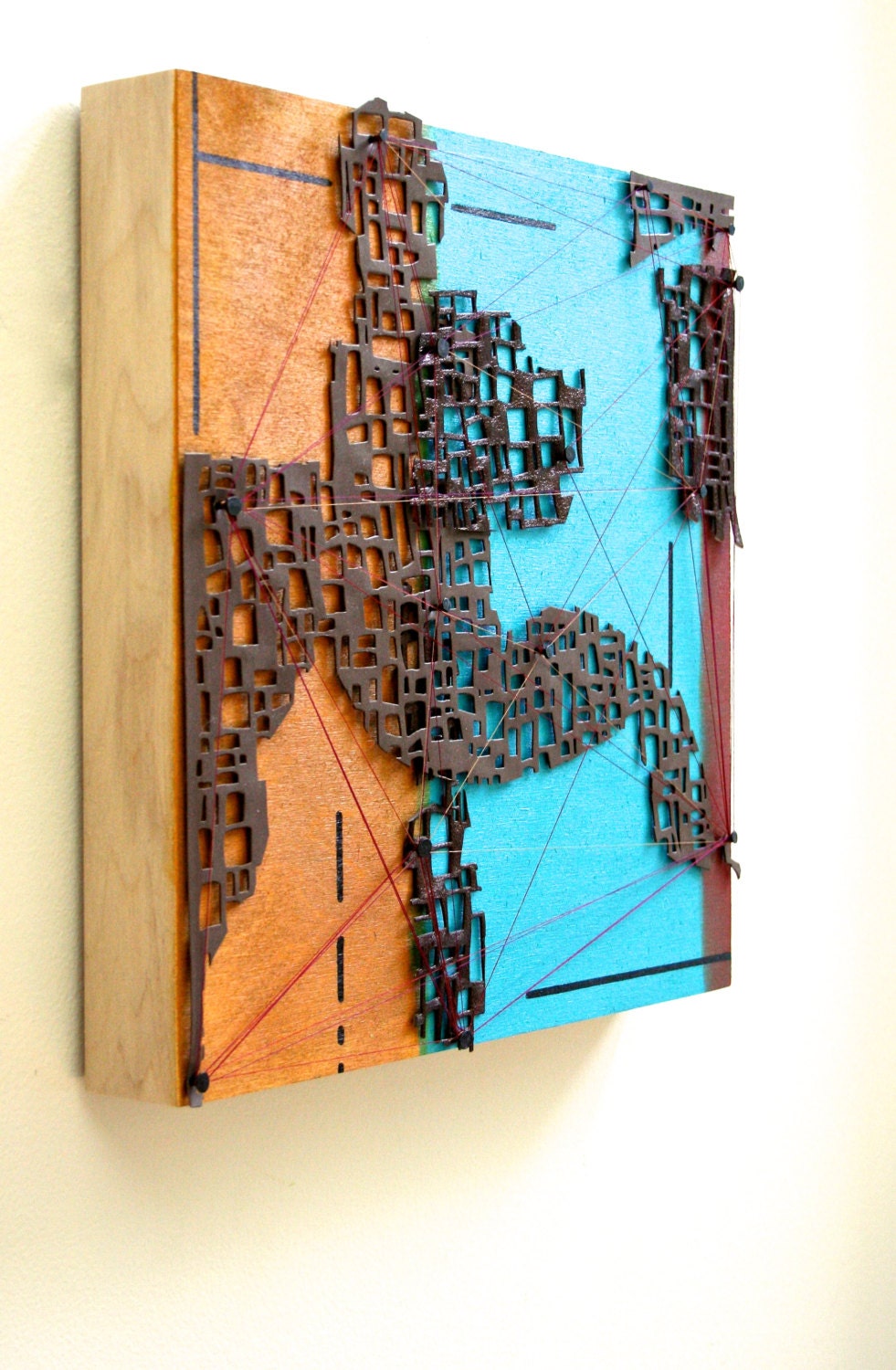 City Grid Acrylic Painting with Mixed Media and Thread Detail