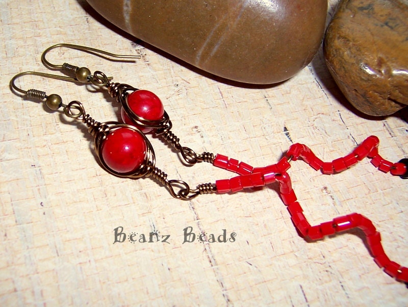 Snake Charmer Earrings. Bright Red Coral and Brass Wrapped Spiral Dangle Tribal Gypsy Earrings