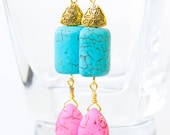 Hot Pink and Turquoise Blue Earrings / Stone Earrings / Summer Earrings