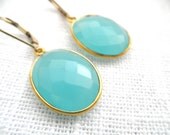 Large Aqua Chalcedony earrings - aqua earrings - gold earrings - E A R R I N G S