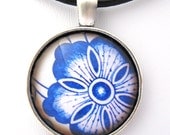 Blue Flower Porcelain Design Handmade Glass Tile Pendant