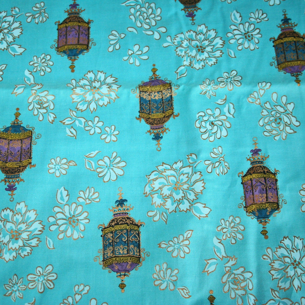 Bright Blue VIntage Fabric Dress Cut Asian Design Geisha Gold Purple