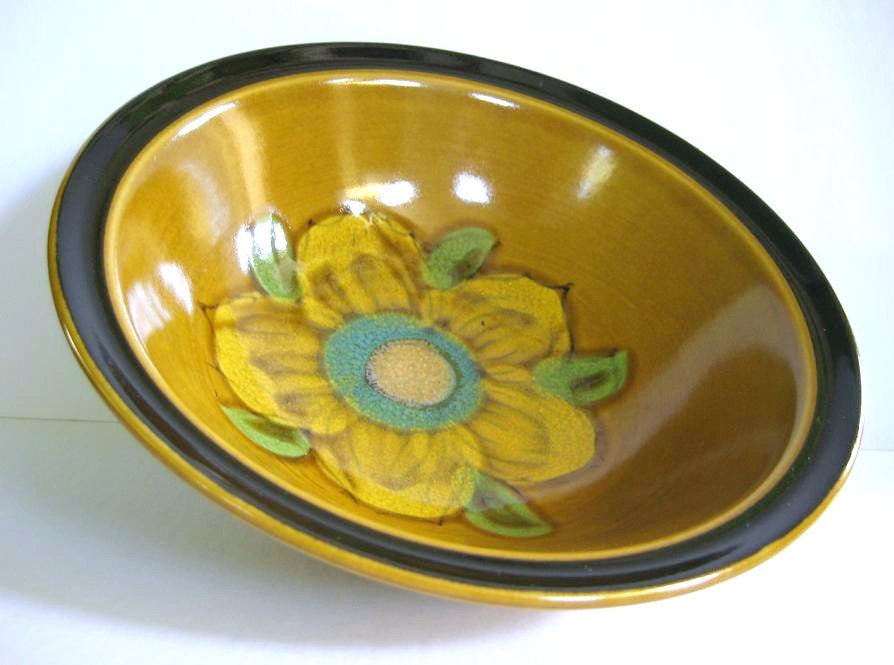 1970s Retro Casual Ceram Japanese Stoneware Bowl Electra Floral Caramel