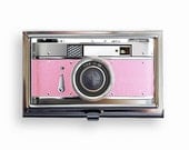 Business Card Case Pretty in Pink Retro Camera Metal Case Fits Business, Credit, Debit and Gift Cards