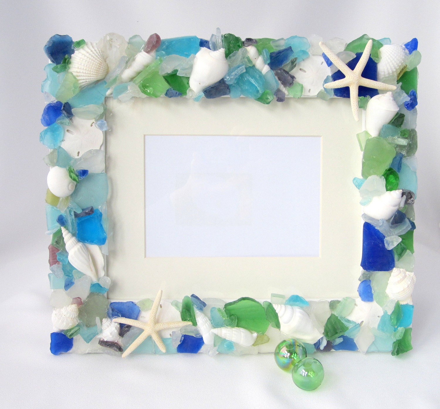 Beach Decor Sea Glass & Shell Frame - Nautical Seashell Frame w Beach Glass and Starfish - 5x7, Any Color