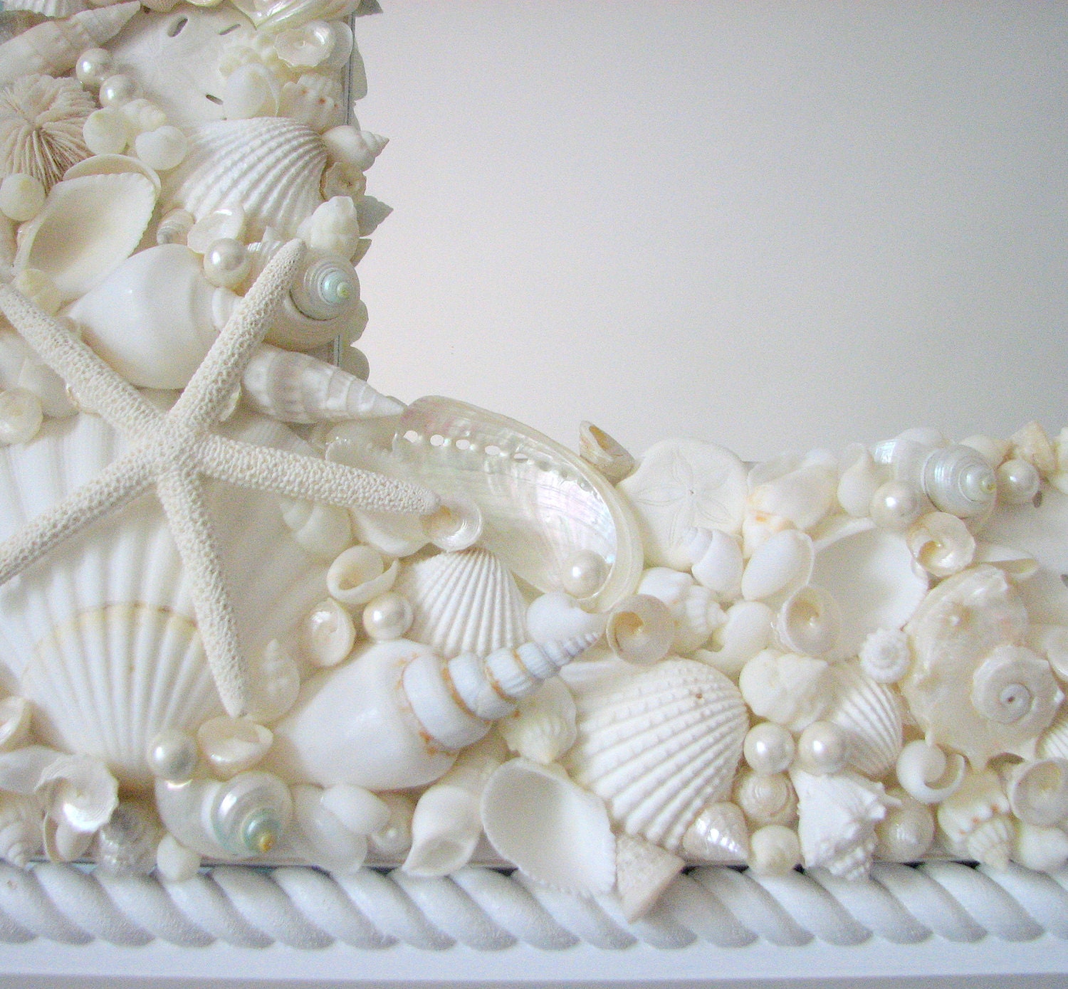 Beach Decor White Seashell Mirror -  Nautical Decor Shell Mirror, All White w Starfish & Pearls