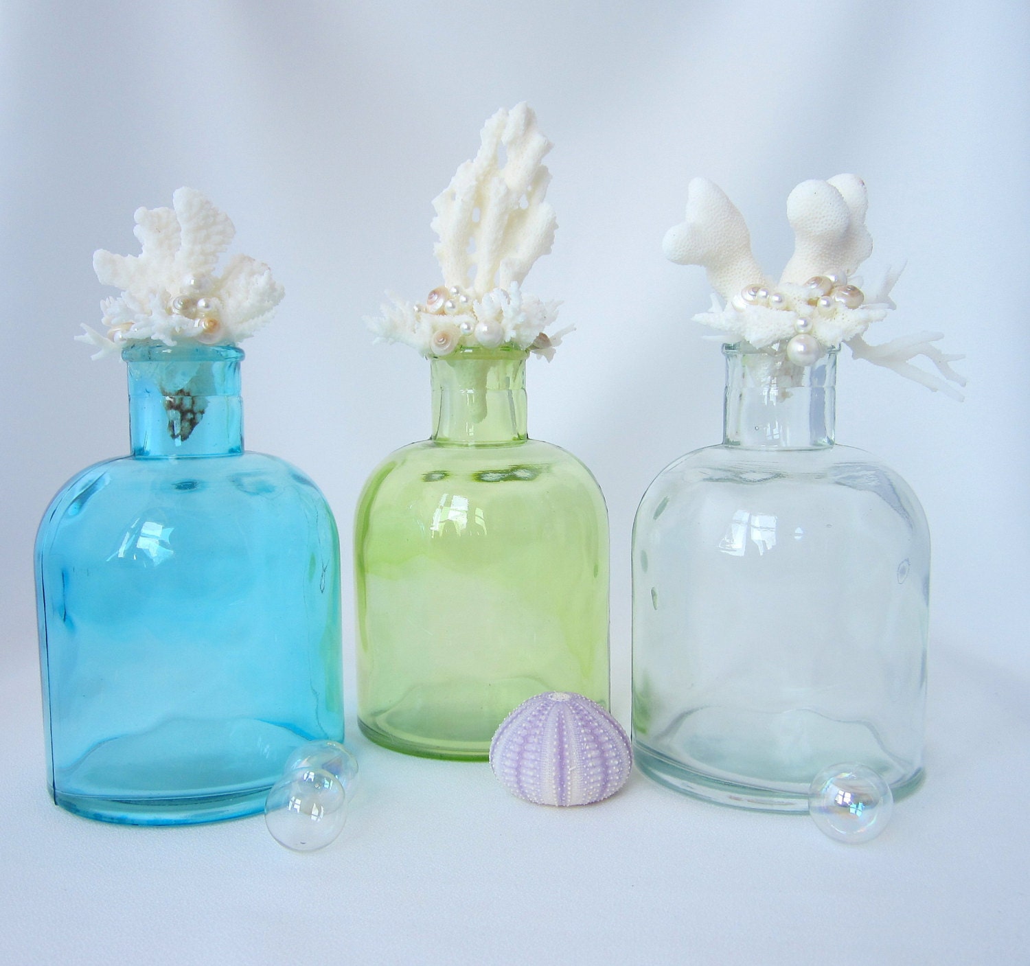 Beach Decor Pastel Bottles w White Coral Toppers - Nautical Pastel Bottles , Set of 3