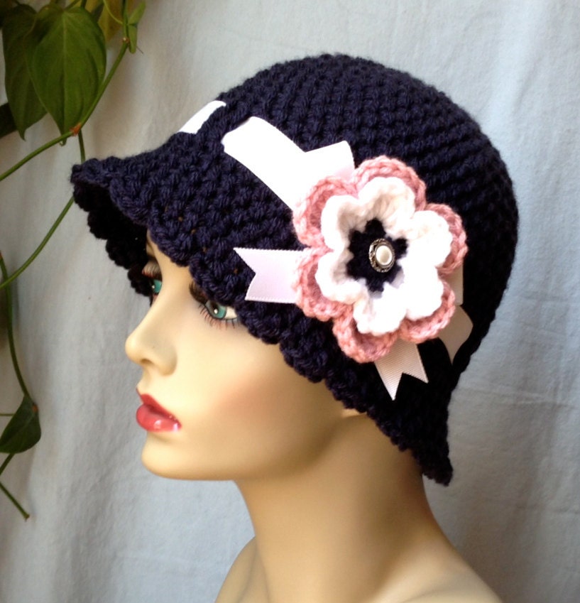 Navy Crochet Hat, Women Cloche, Flower, Pearl Button, White Ribbon, Birthday Gifts, Tea Party, Photo Props, Handmade, JE280CRF8