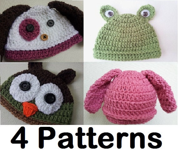 PATTERNS: Four Crochet Baby Hats - Puppy Dog, Frog, Baby Owl and Baby Bunny
