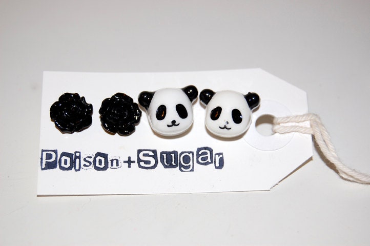 Black Roses and Panda Earring Set TOTALLY Kawaii