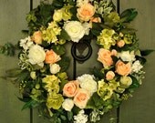 Morning Glow - Rose and Hydrangea Spring Wreath, Summer Wreath, Wedding Wreath, Mother's Day Gift, Garden Party Wreath, Bridal Shower Decor