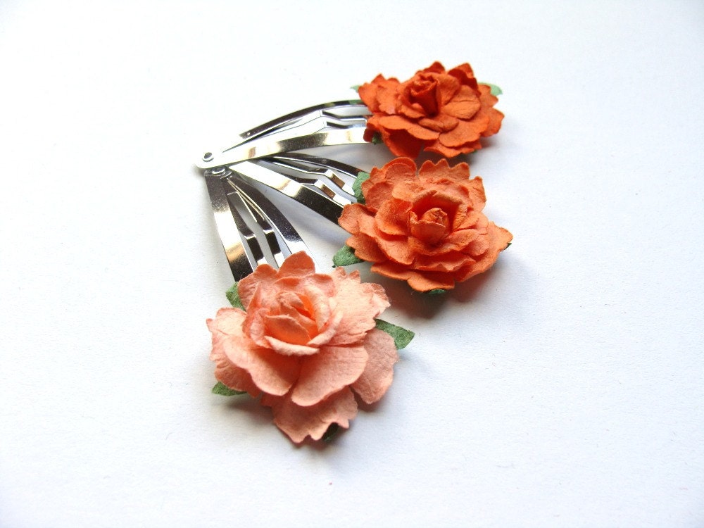 Cabbage Rose flower hair clip trio - peach on silver