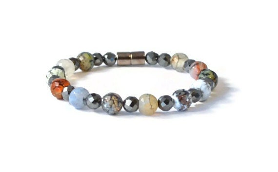 Magnetic Hematite and Fire Agate Beaded Bracelet, Hematite Bracelet, Magnetic Health Bracelet, Therapy Bracelet