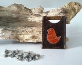 Simple Leather Single Wallet -Business Card Holder Distressed Brown w/ Orange Croc Bird - Supple Leather - Great Gift