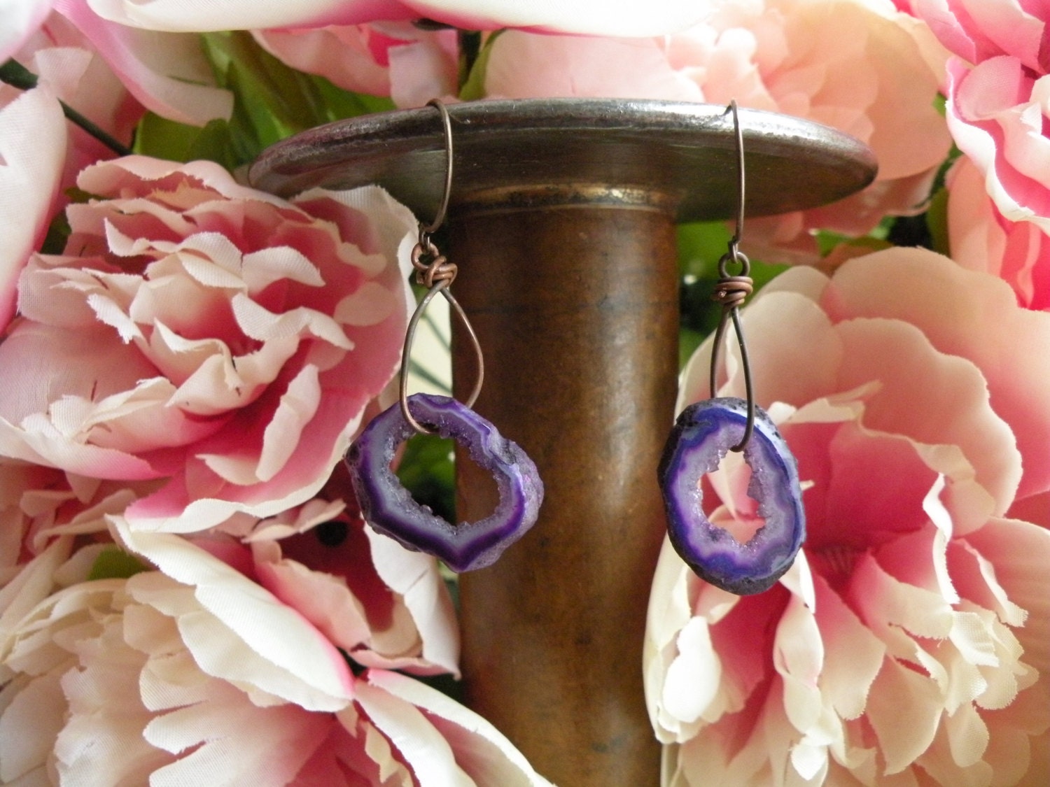 GEODE natural stone earrings summer purple agate simply shabby chic rustic simple lines unique ooak