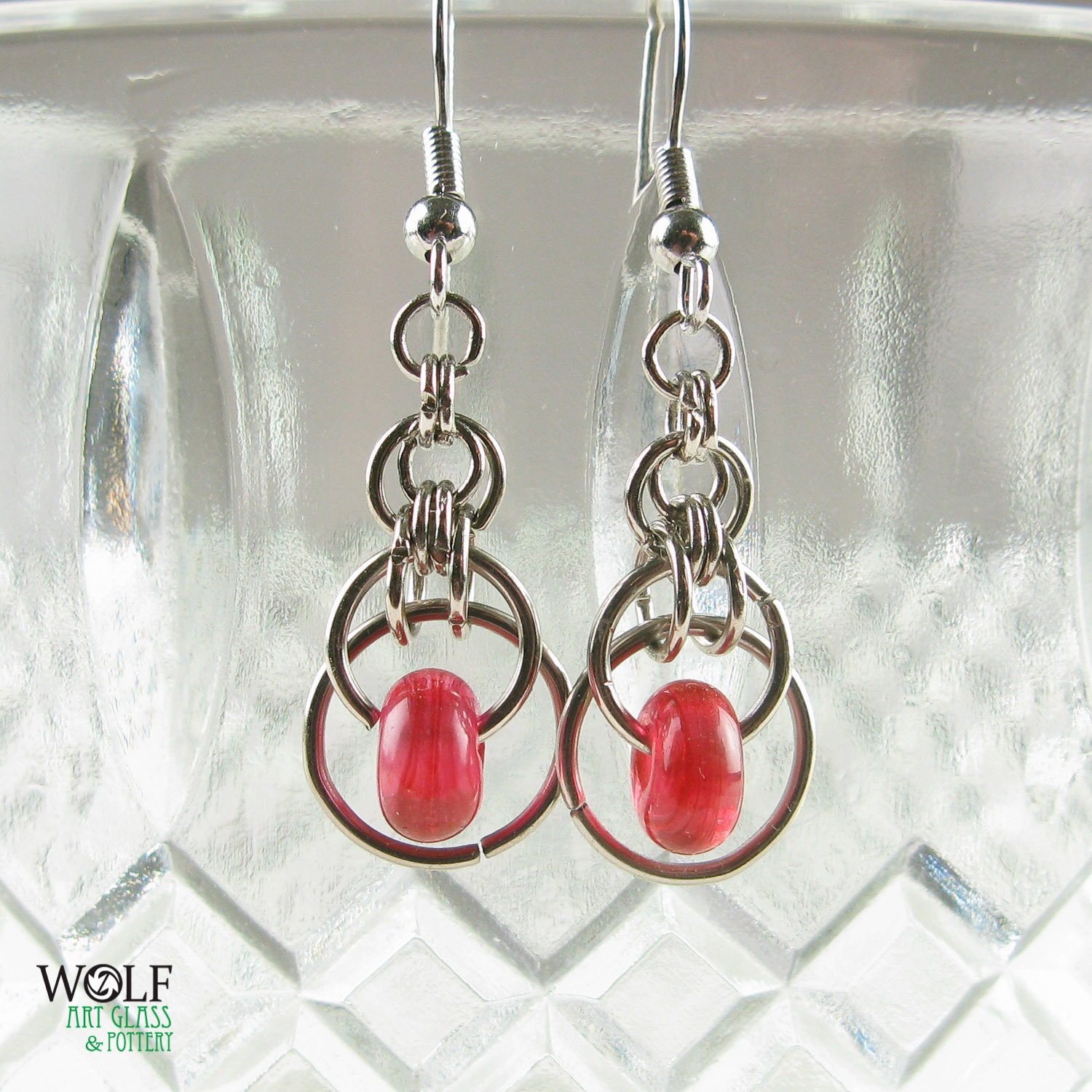 Chainmaille Earrings Lampwork Glass Bead Gold Ruby Red Eclipse July Birthstone