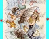 MB11 French Retro Merbaby Mermaid Postcard Cotton Fabric Block Panel for Quilt 5 x 7