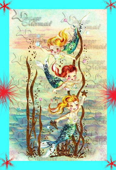 MB2 Vintage Retro Merbabies Mermaids Postcard Quilting Fabric Block 5 x 7