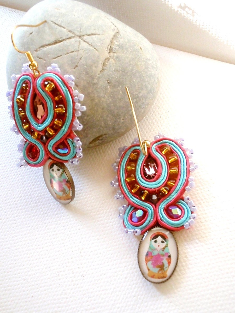 Matryoshka  framboise earrings , african violet soutache jewelry , color block earrings , spring trends