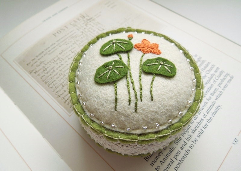 Orange and Green Nasturtium Botanical Embroidered Wool Felt Pincushion